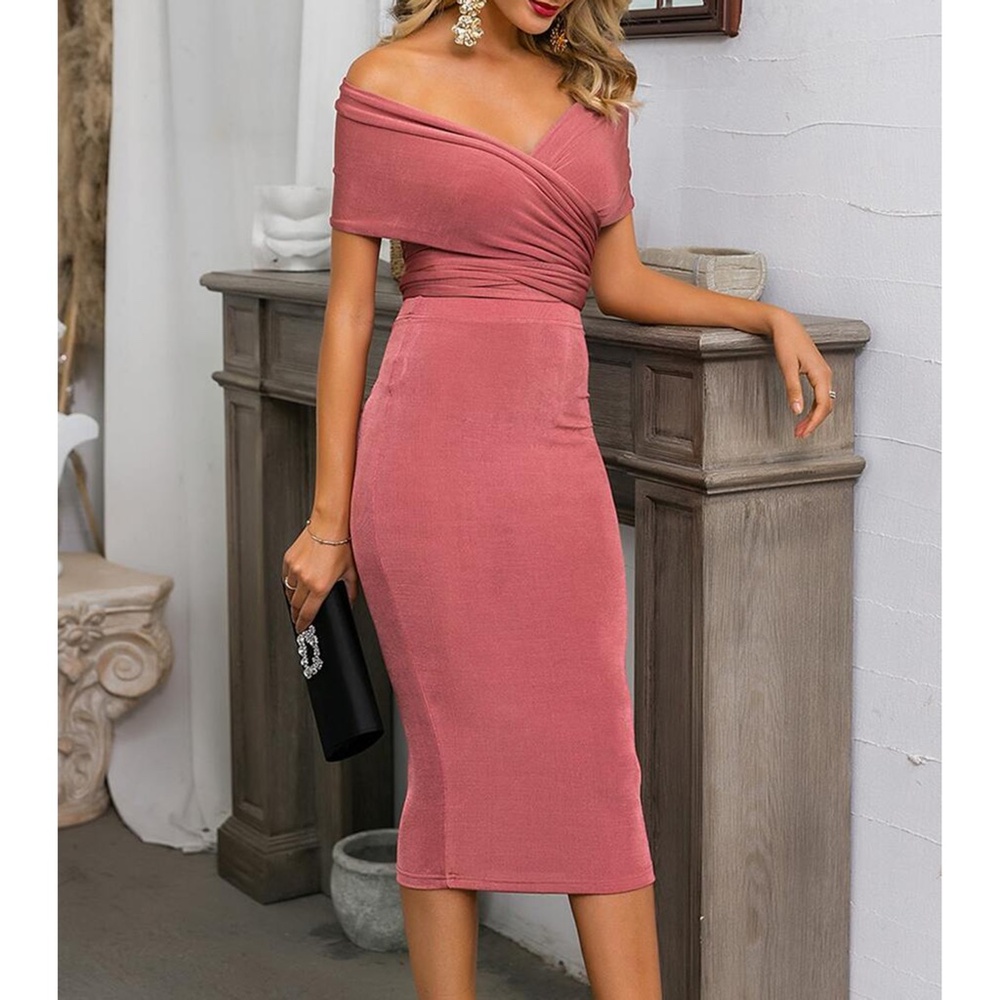 Pink Off the Shoulder Tie Back Two Piece Skirt Set - Picture 6 of 7